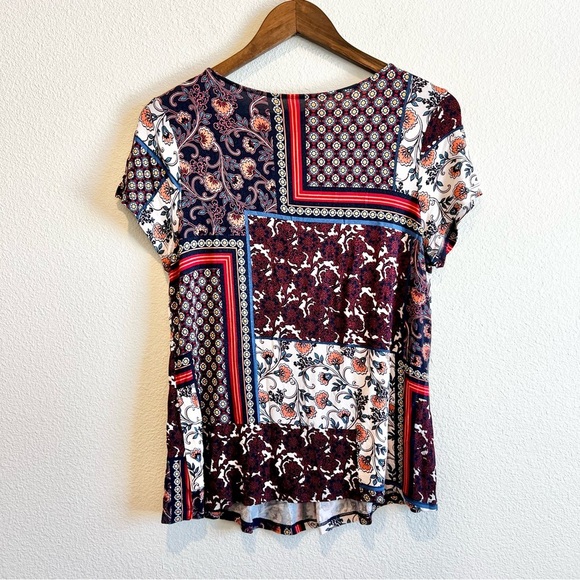 Boho Mixed Media Patchwork Top Petite Medium Flowy Short Sleeve Blouse - Picture 6 of 7